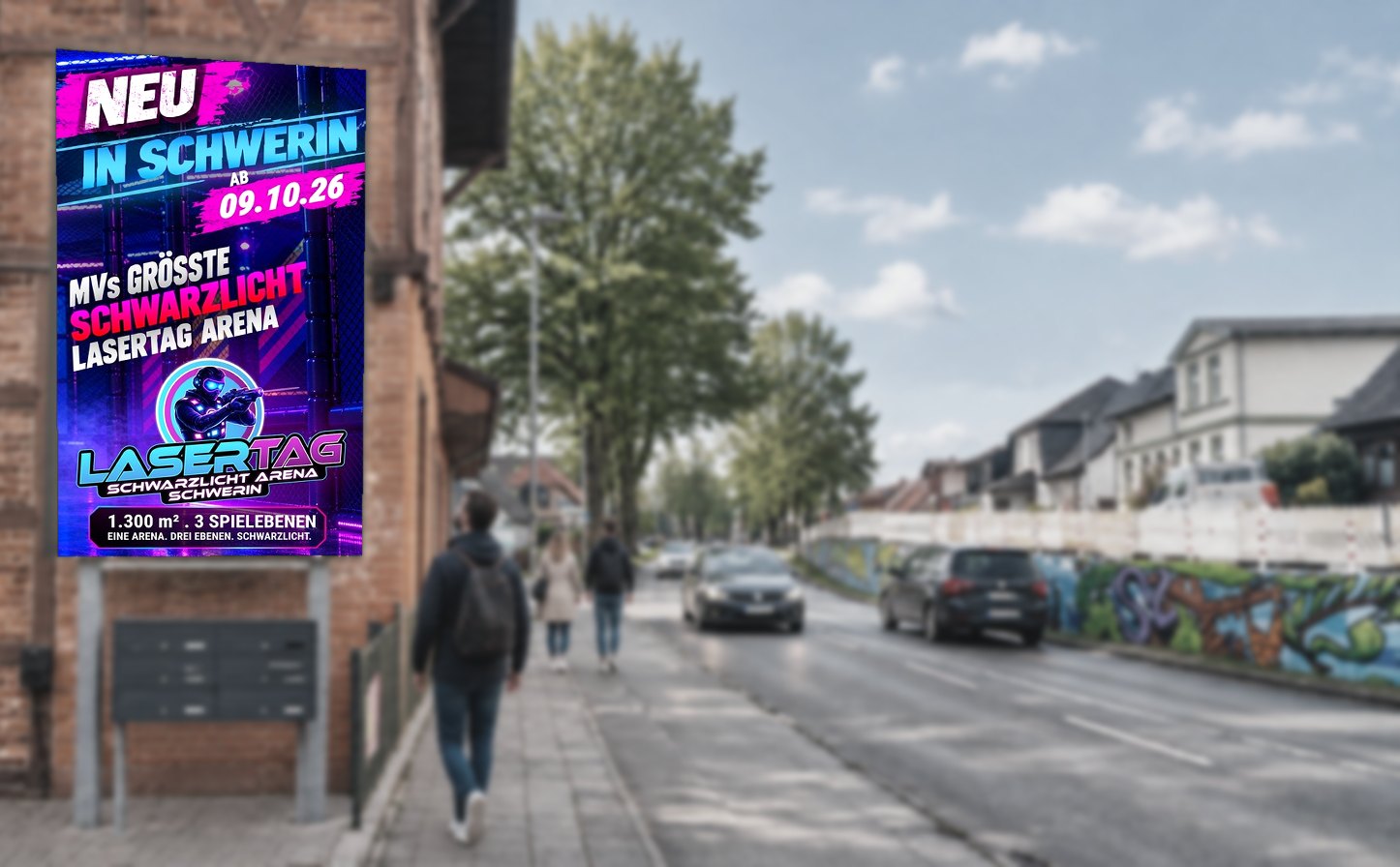 LED-Videoleinwand Schwerin-Lankow mit dem Werbemotiv der Lasertag-Arena Schwerin