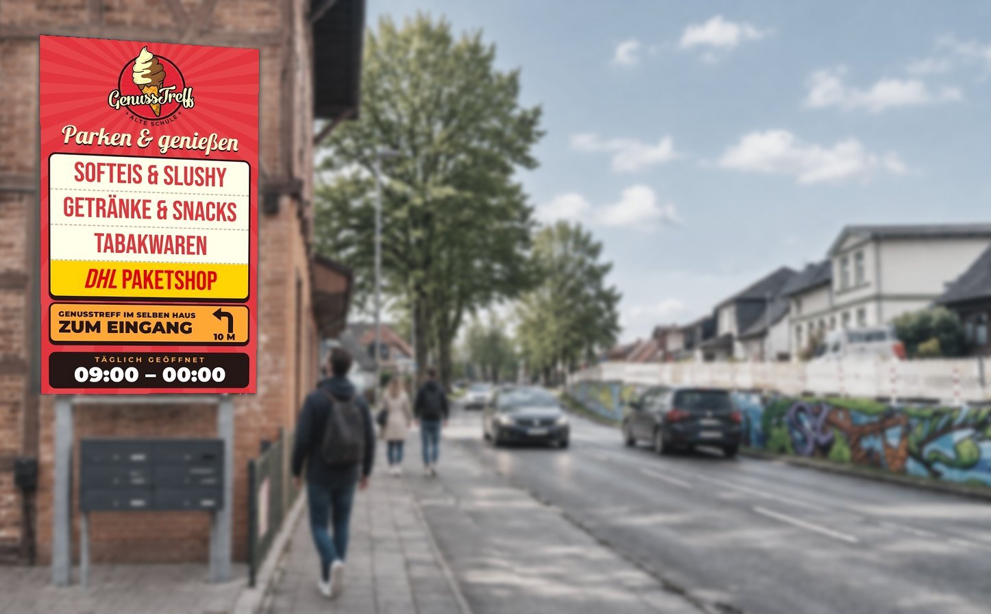 LED-Videoleinwand Schwerin-Lankow mit dem Werbemotiv des GenussTreff Schwerin - Softeis, Getraenke, Snacks und DHL Paketshop